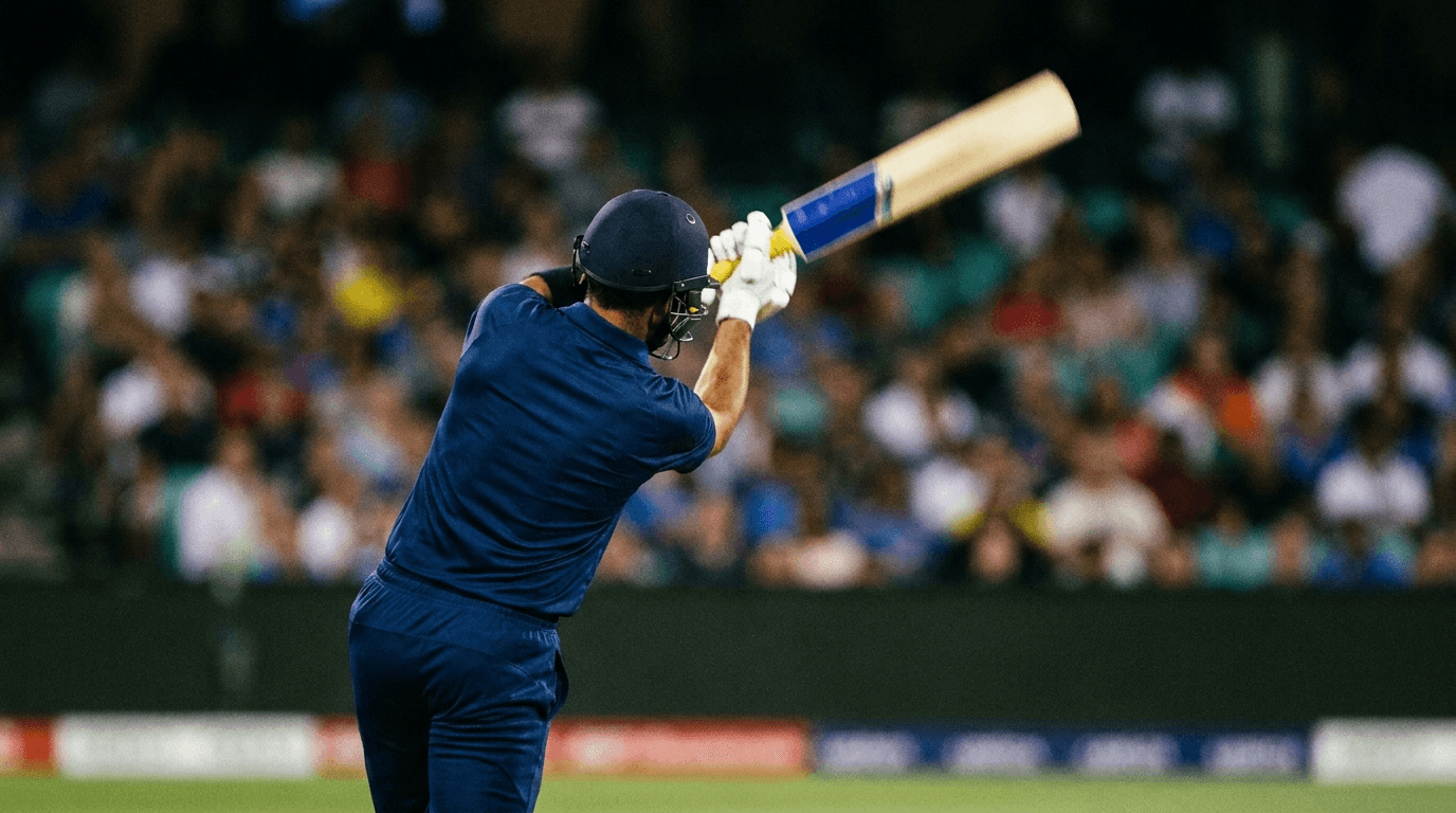 Batsman completing a lofted drive under floodlights