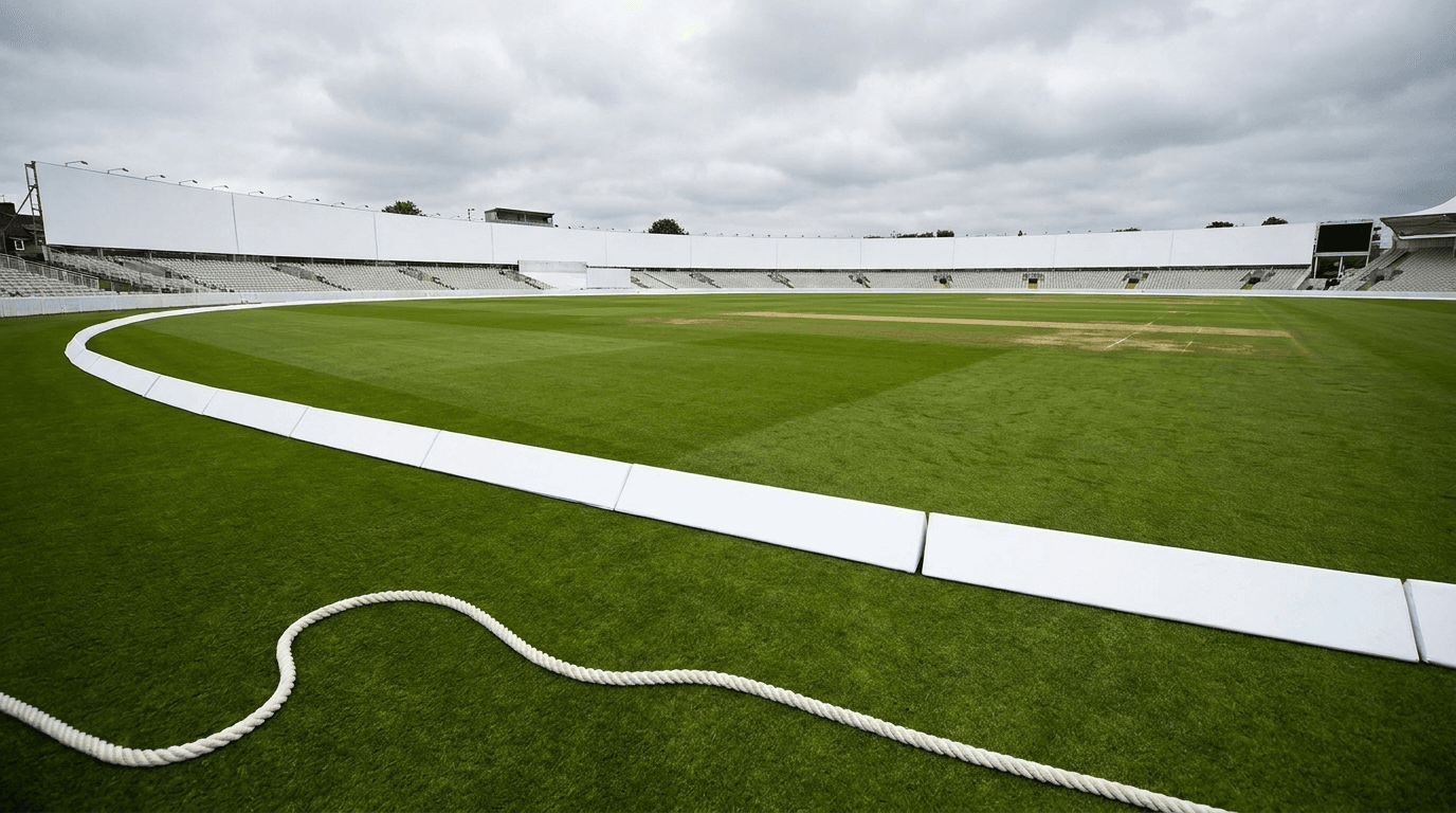 Blank advertising hoardings around a cricket stadium boundary