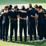 Cricket team gathered in a huddle before play