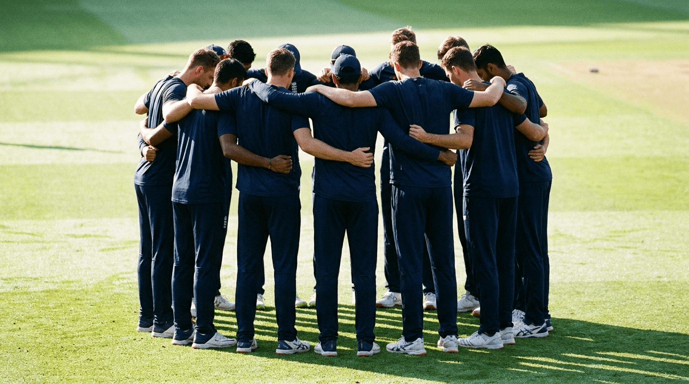 Cricket team gathered in a huddle before play