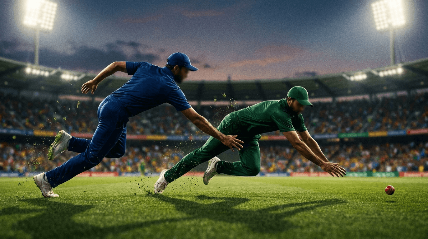 Fielders diving for the ball on a floodlit outfield