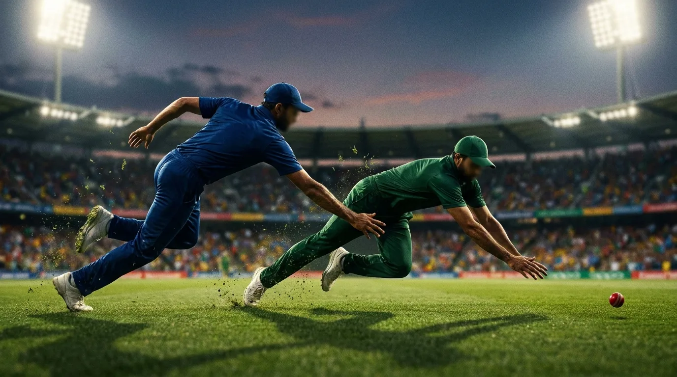 Fielders diving for the ball on a floodlit outfield