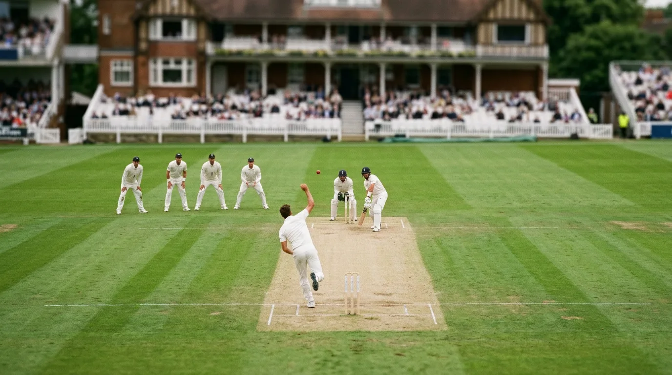 Test match viewed from behind the bowler's arm with a slip cordon in place