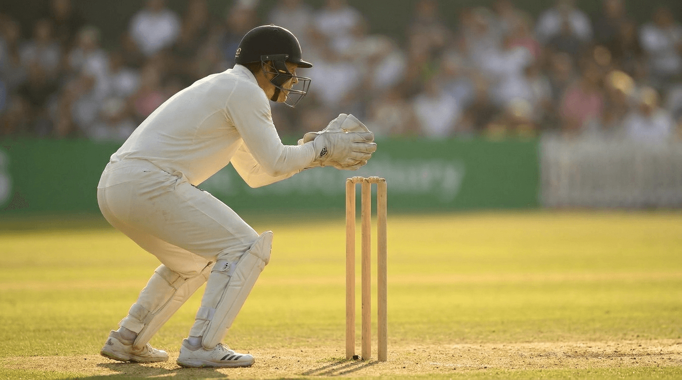 Wicketkeeper crouched behind the stumps during a Test match