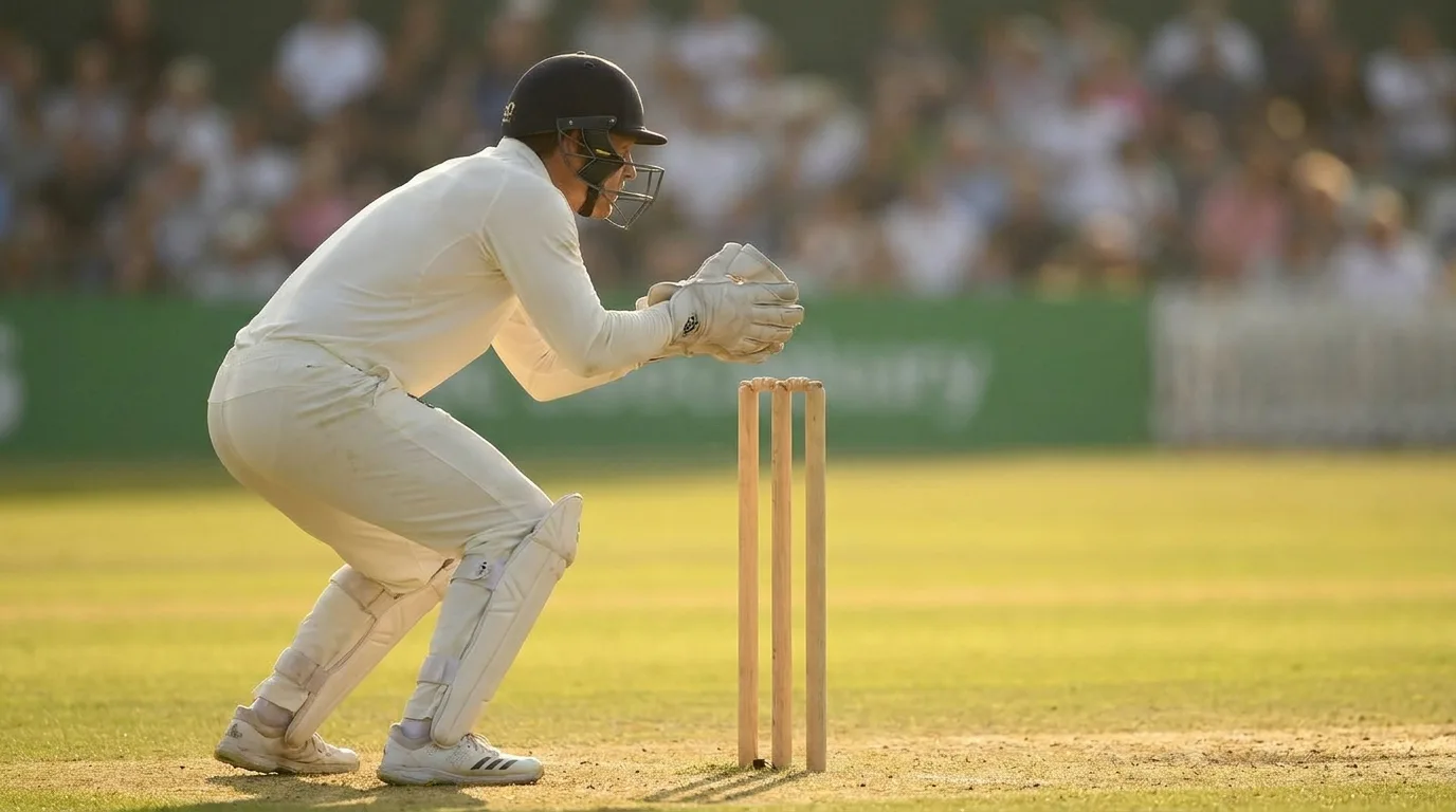 Wicketkeeper crouched behind the stumps during a Test match